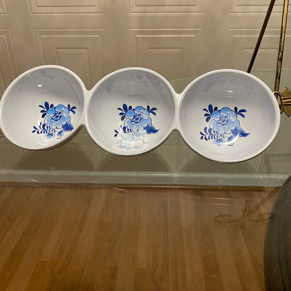 Shabby Chick melamine Blue Flowers Divided triple serving Dip/appetizer bowls